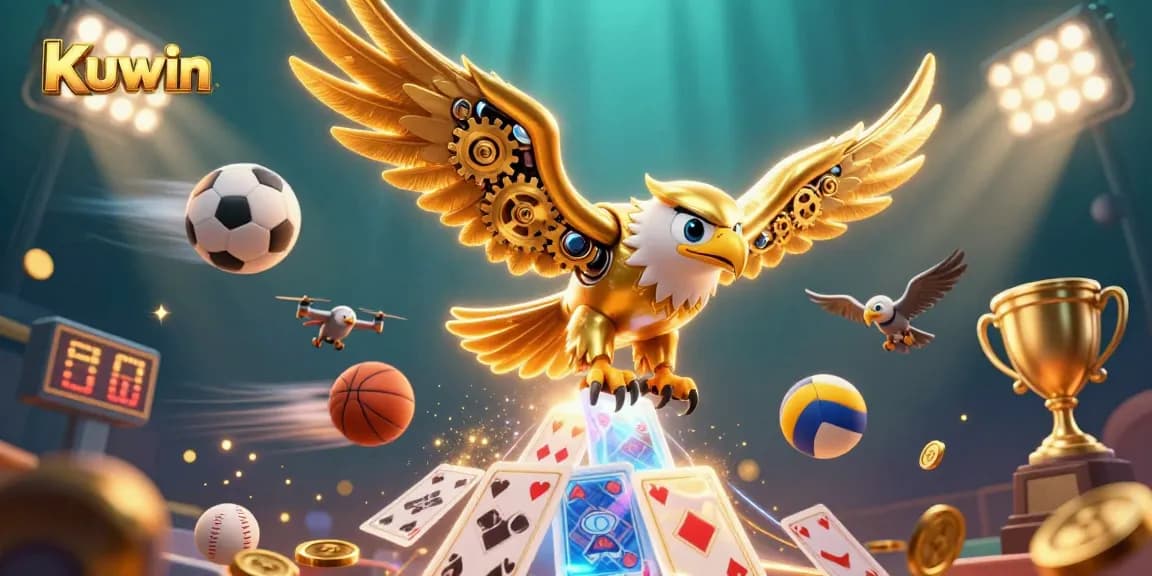 Kuwin’s dynamic casino experience features a cybernetic eagle and sports elements amidst glowing cards.