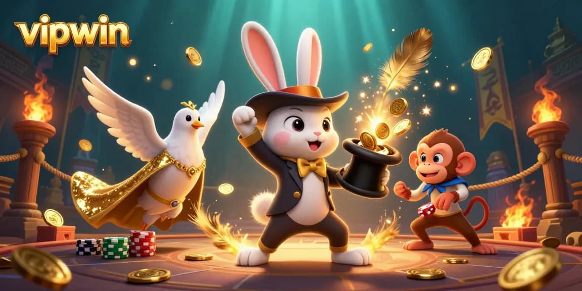 Experience thrilling gameplay at vipwin as a magician rabbit conjures coins amidst a dazzling casino scene.