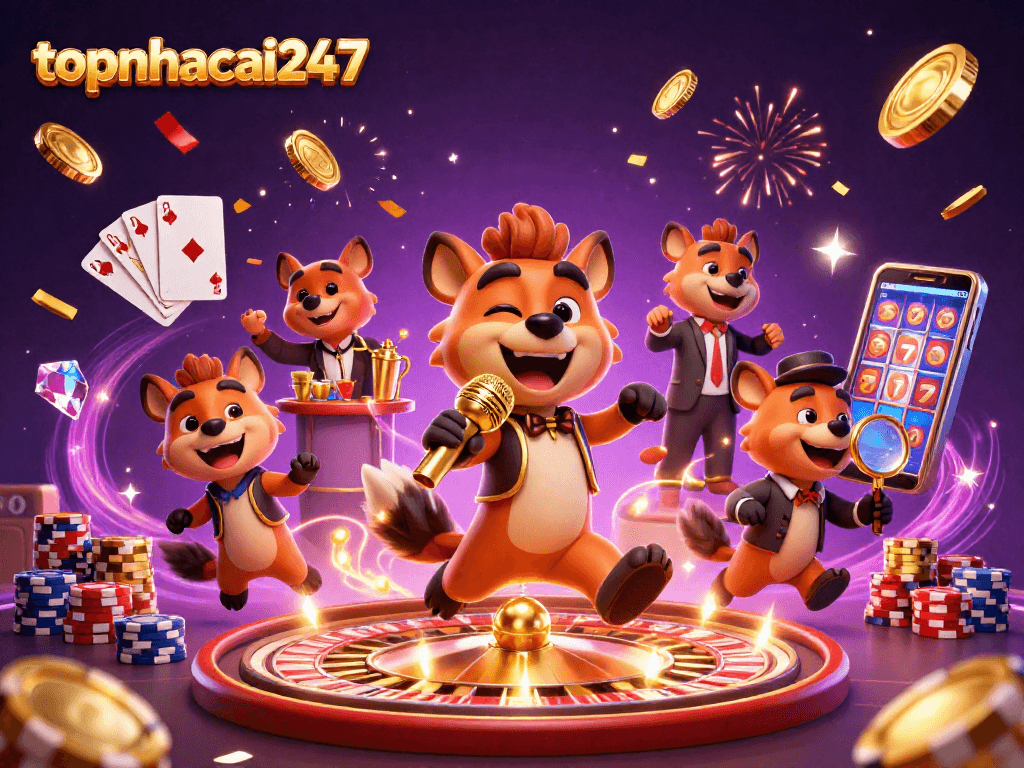 Engage in thrilling fun at topnhacai247 as hyenas entertain in a vibrant casino scene.
