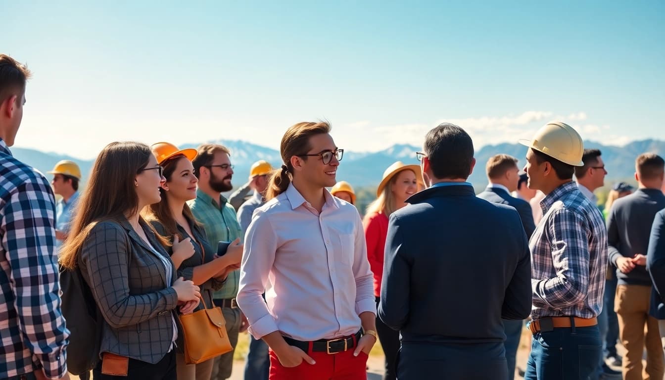 Engaged young professionals construction Colorado collaborating at an outdoor event.