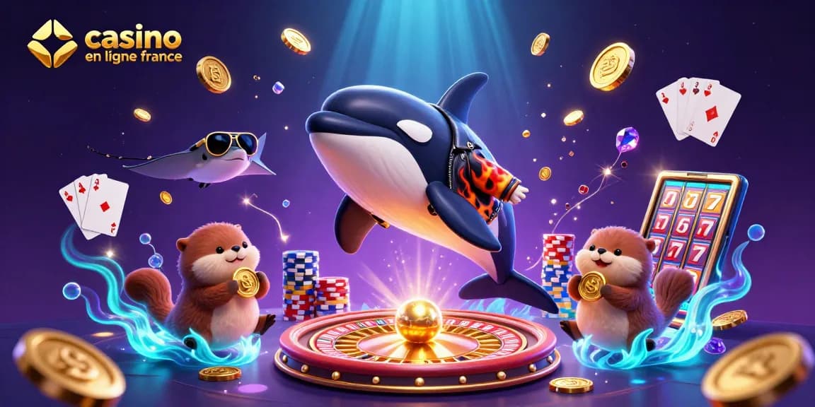 Jouez à des jeux de casino en ligne France avec une illustration dynamique d'une orque et des animaux marins.