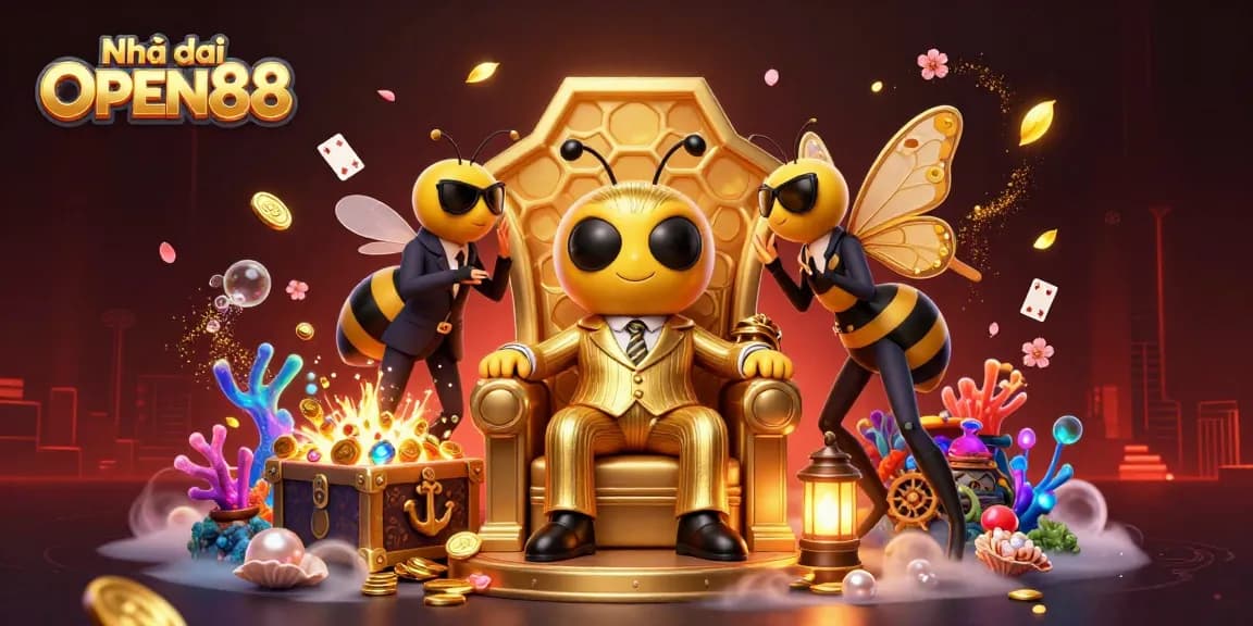Engage with dynamic gaming at Nhà cái OPEN88 amidst treasure chests and fluttering playing cards.