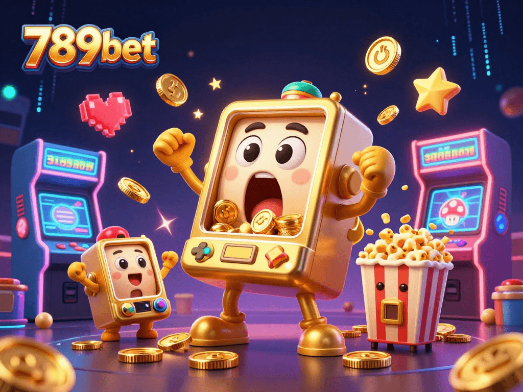 Experience the excitement of 789bet with a lively scene of slot machines celebrating a jackpot.