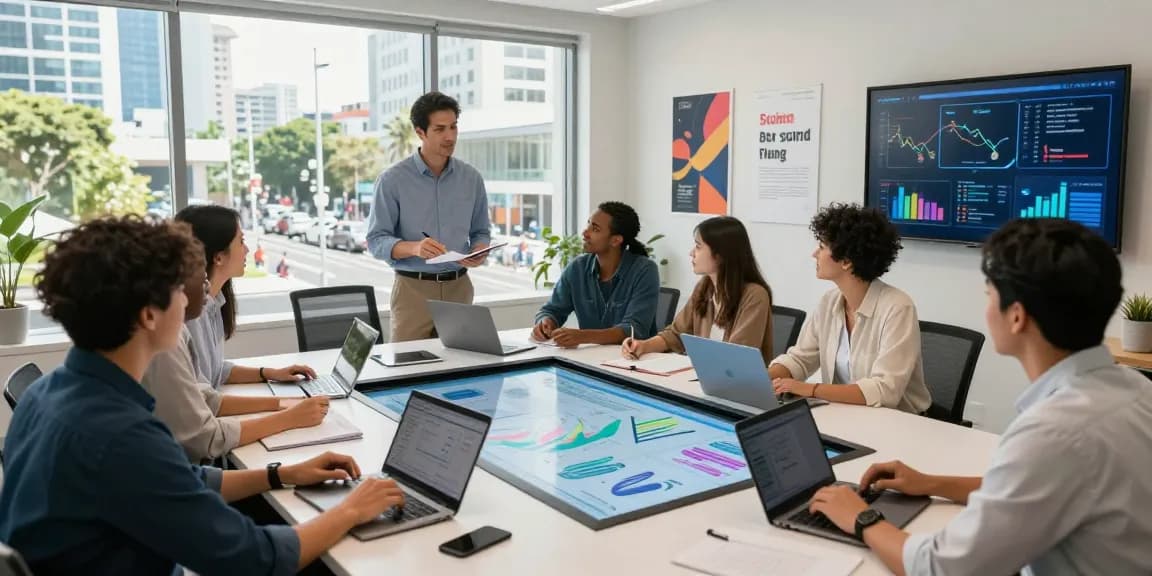 Marketing Agency Gold Coast team collaborating in a modern office setting with vibrant branding and analytics displays.