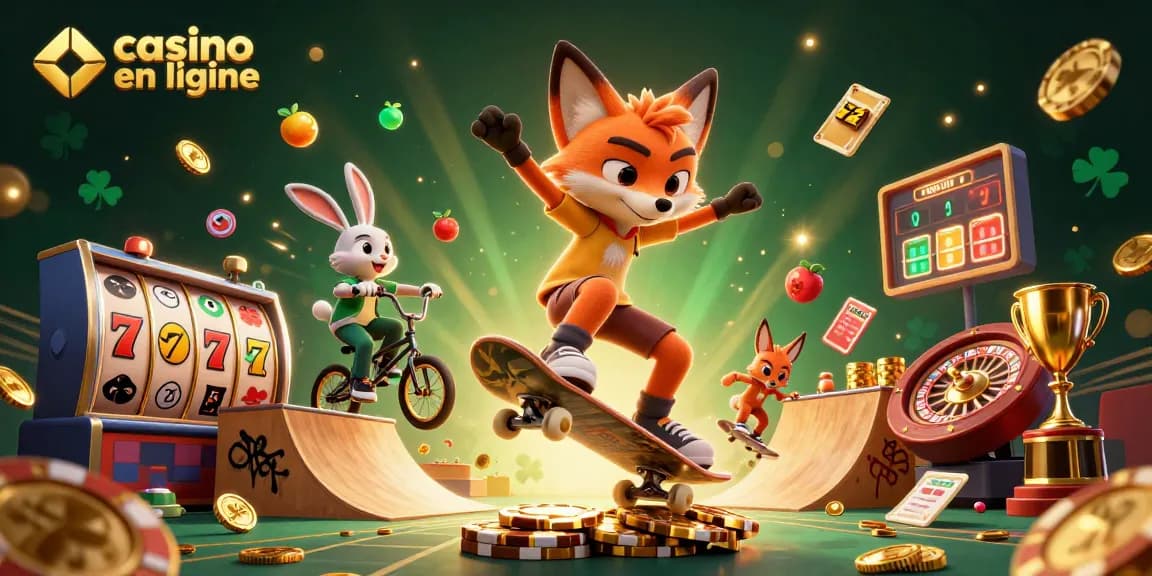 Découvrez notre scène animée de casino en ligne avec un renard et un lapin faisant des tours