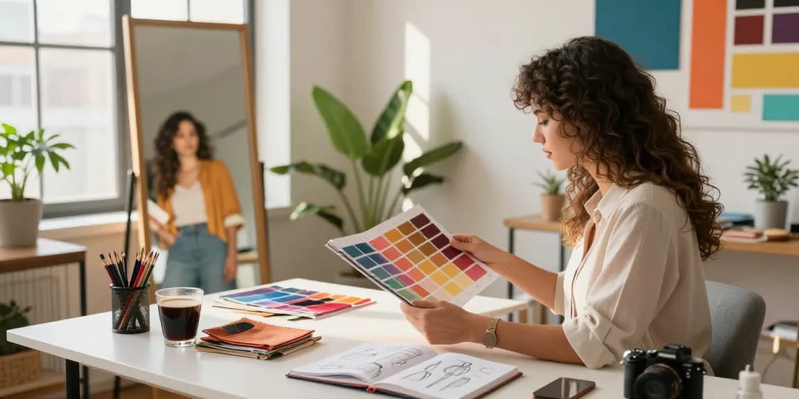 Scena di consulenza d'immagine con stilista che analizza campioni di colore e accessori in un ufficio accogliente, illuminato da luce naturale.