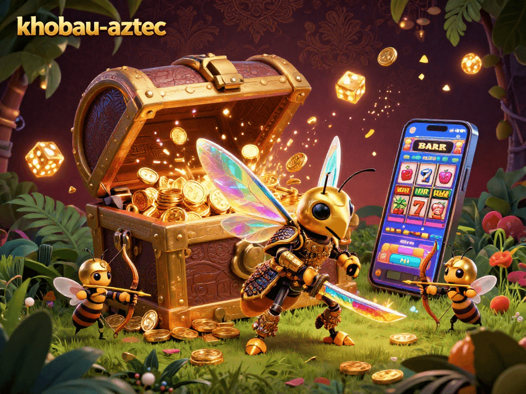 Experience the excitement of khobau-aztec with a golden hornet warrior amidst treasure and jackpot symbols.