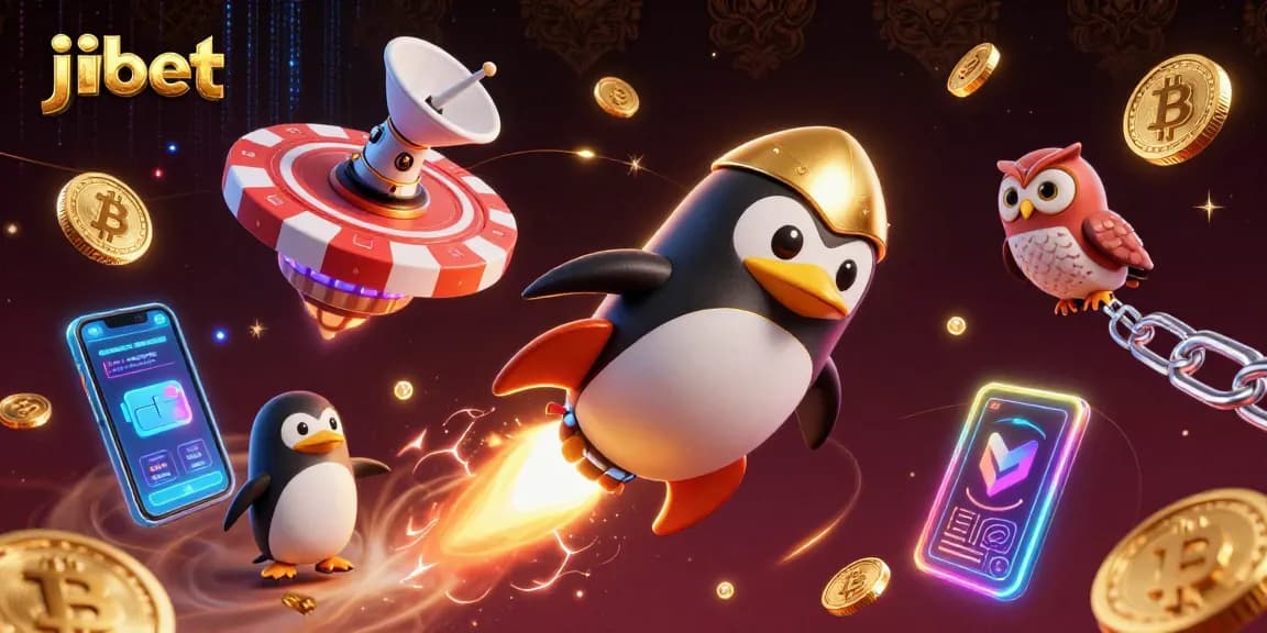Play games and win at Jibet with a 3D penguin flying towards a casino chip space station.