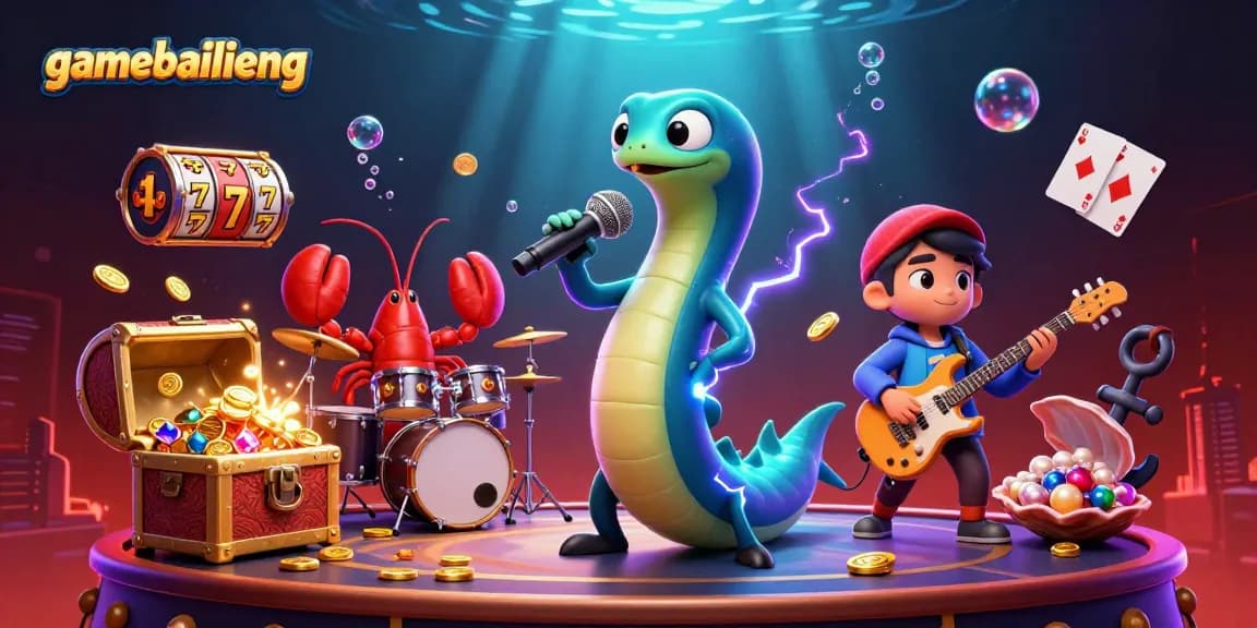 gamebailieng showcases an electrifying underwater casino stage with vibrant characters and dynamic slot elements.