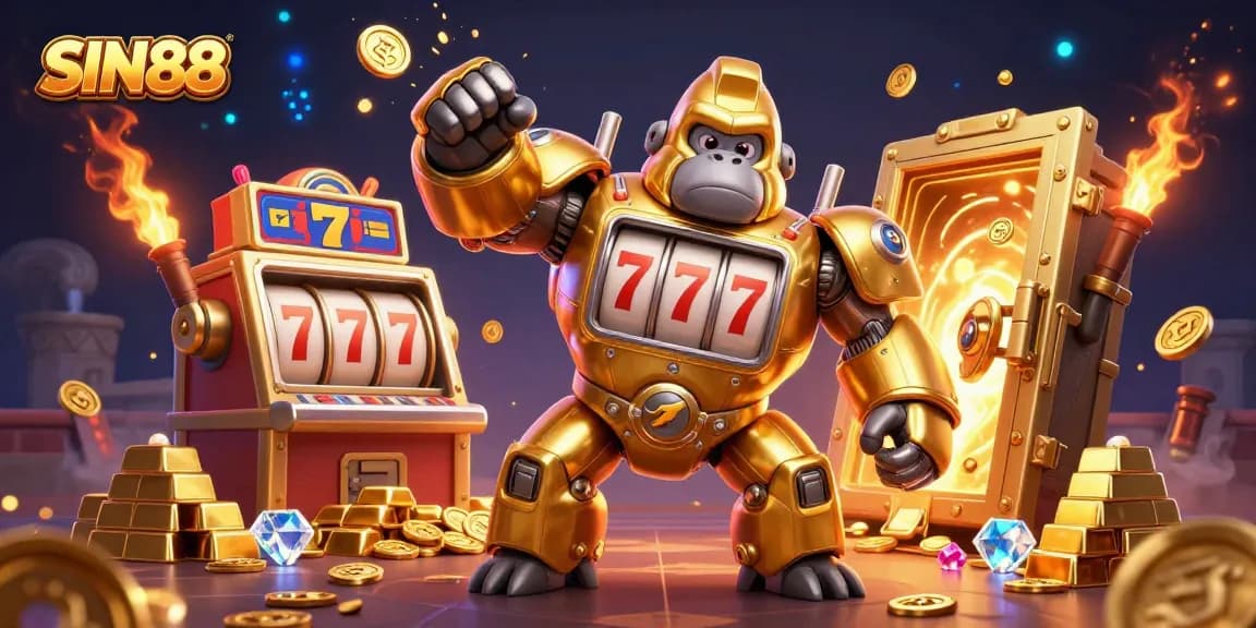 Experience SIN88's vibrant casino atmosphere featuring a golden gorilla mech and slot machine elements.