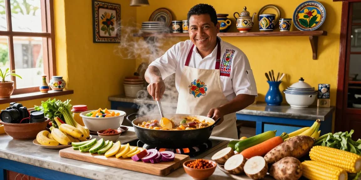 Best sancocho colombiano near me in a colorful Colombian kitchen with fresh ingredients.