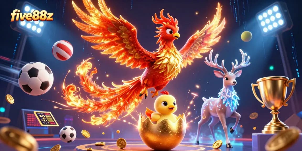 Experience the magic of five88z with a vibrant 3D casino scene featuring dynamic sports betting elements.