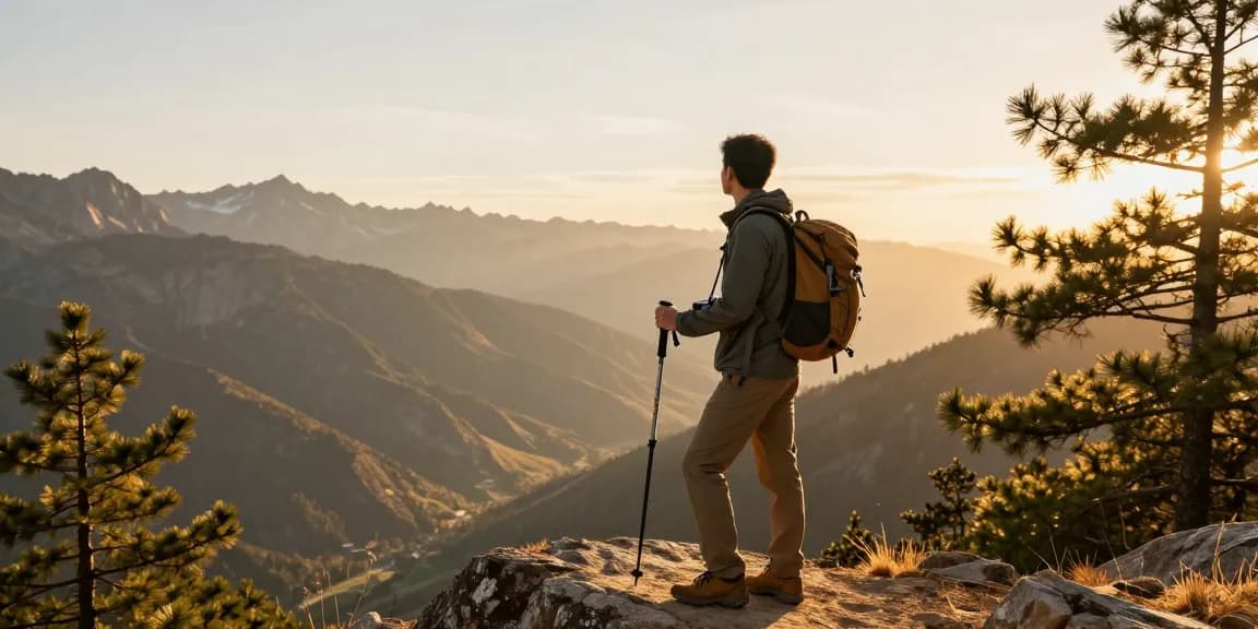 A traveler at a mountain viewpoint during sunset, showcasing the adventure of mantra88.