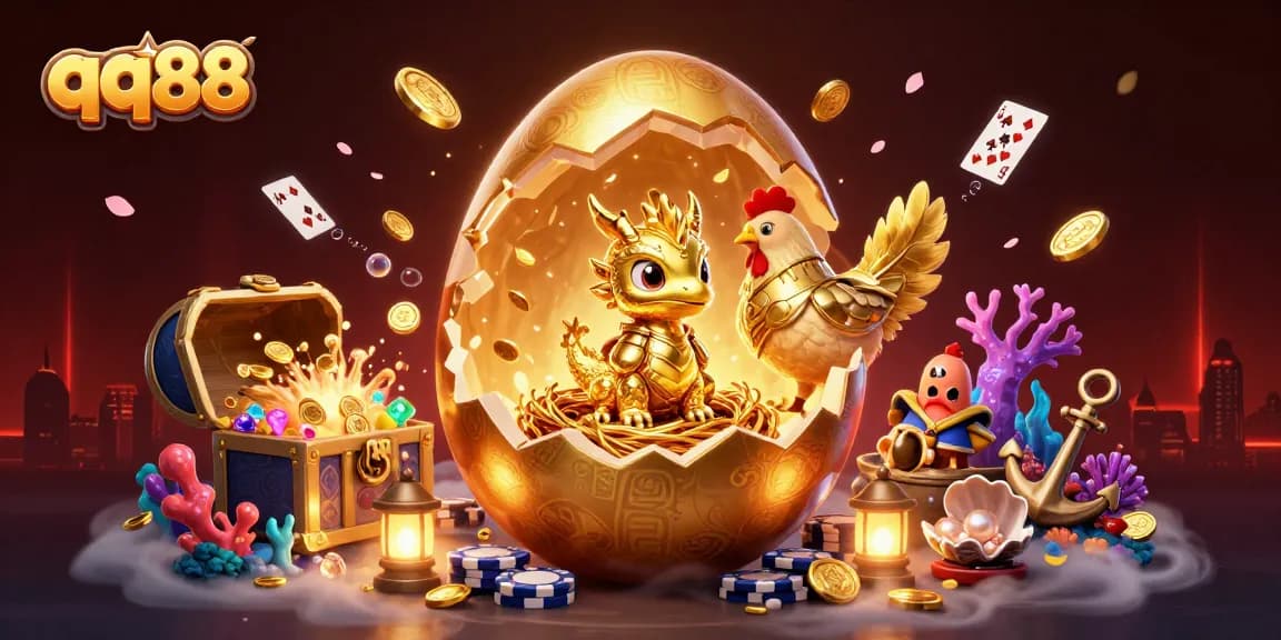 Engage in thrilling games at qq88 with a vibrant 3D scene depicting golden gaming elements.