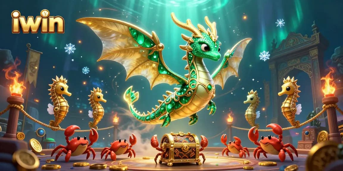 Win big with iwin's vibrant underwater casino adventure featuring a sea dragon and treasure chest.