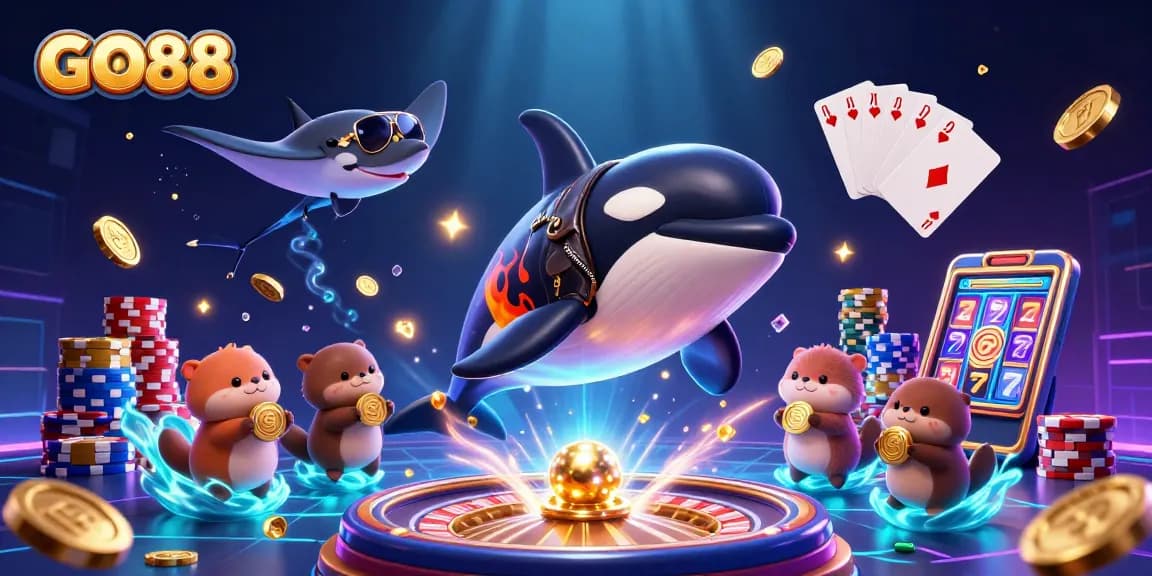 GO88 enhances gaming excitement with an orca, stingray, and otters, showcasing casino elements.