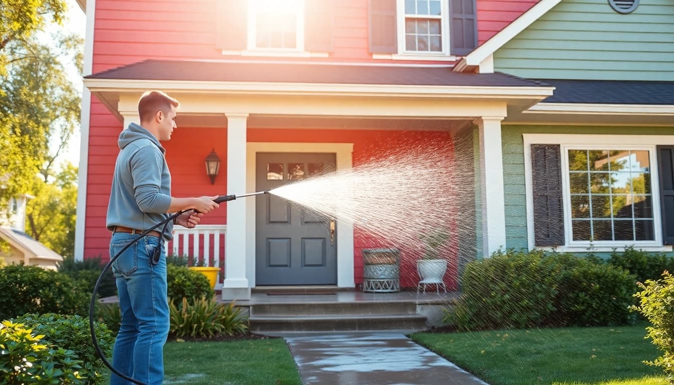 House Washing in action with a technician cleaning a home's exterior effectively.