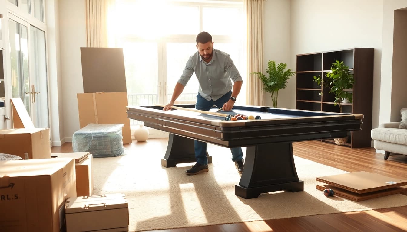Pool table mover skillfully disassembles a slate pool table in a bright living room setting.