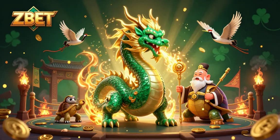 ZBET brings luck to players with a magical dragon, sage turtle, and lucky cranes in an epic casino scene.