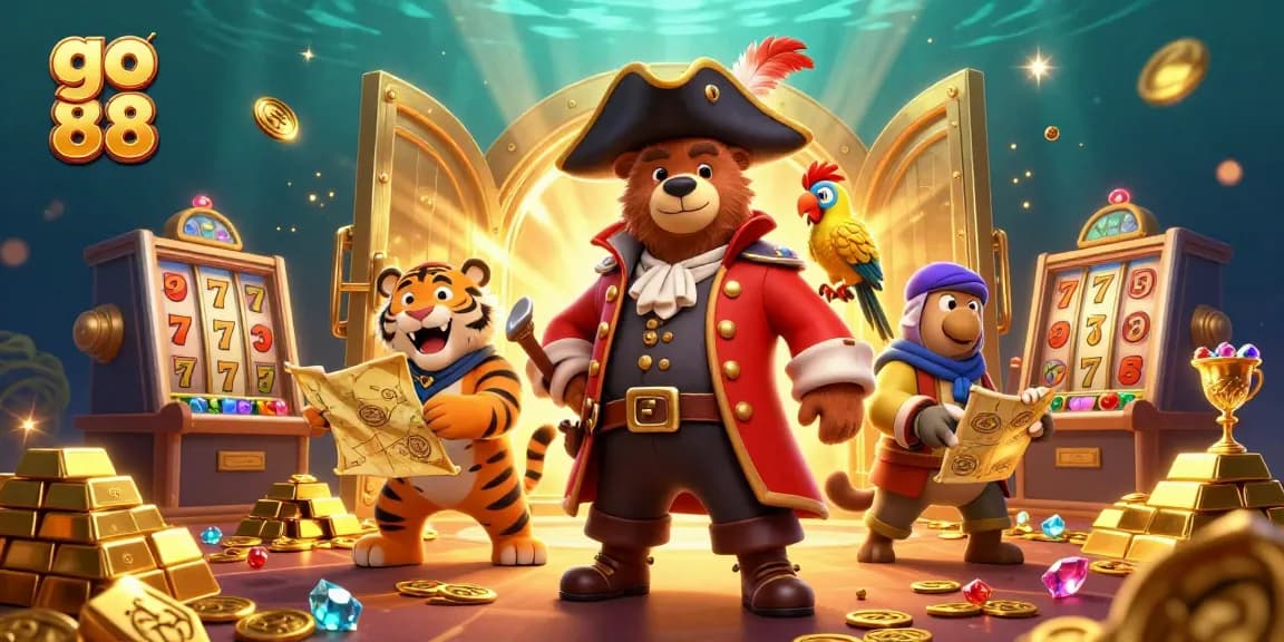 Experience go 88 action with a pirate bear and tiger amidst casino treasures in dynamic 3D illustration.