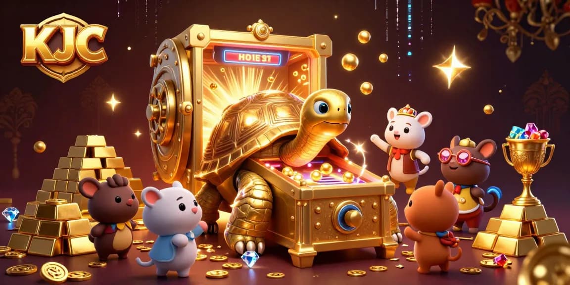 Engage with KJC's vibrant gaming scene featuring a colossal golden tortoise pinball machine with treasures.