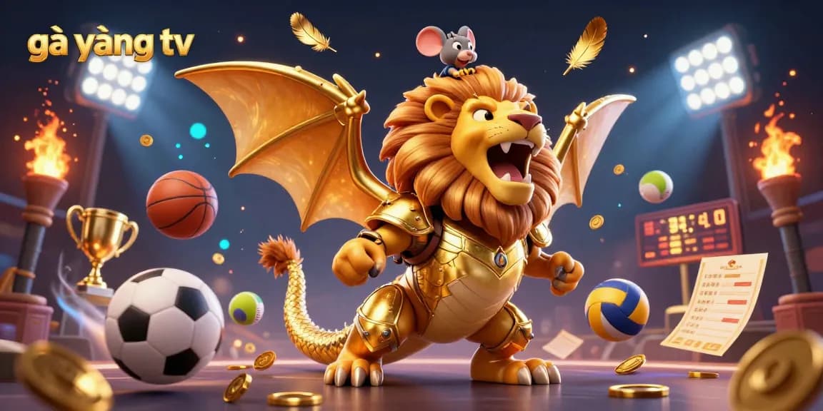 Experience gà vàng tv with an exhilarating scene of a golden chimera, sports balls, and dynamic gaming elements.