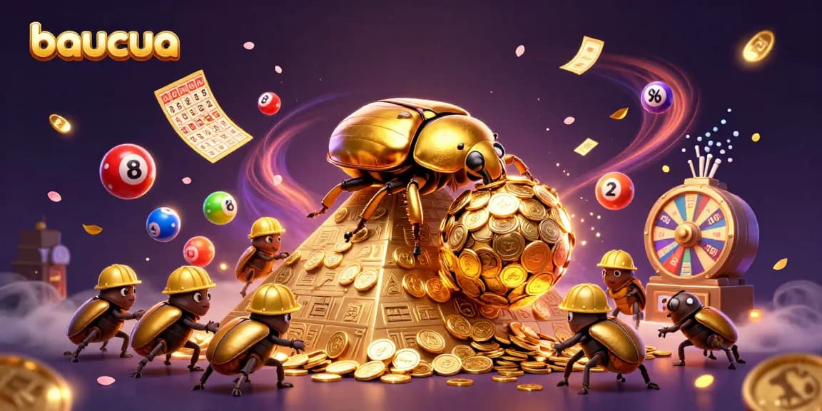 Experience the excitement of baucua with vibrant visuals and dynamic game elements in this 3D illustration.