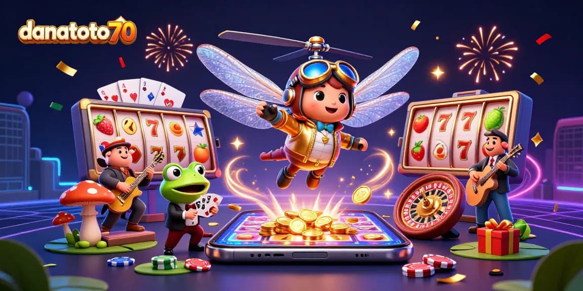 Experience the excitement of danatoto70 with vibrant slots and casino elements in a lively 3D illustration.