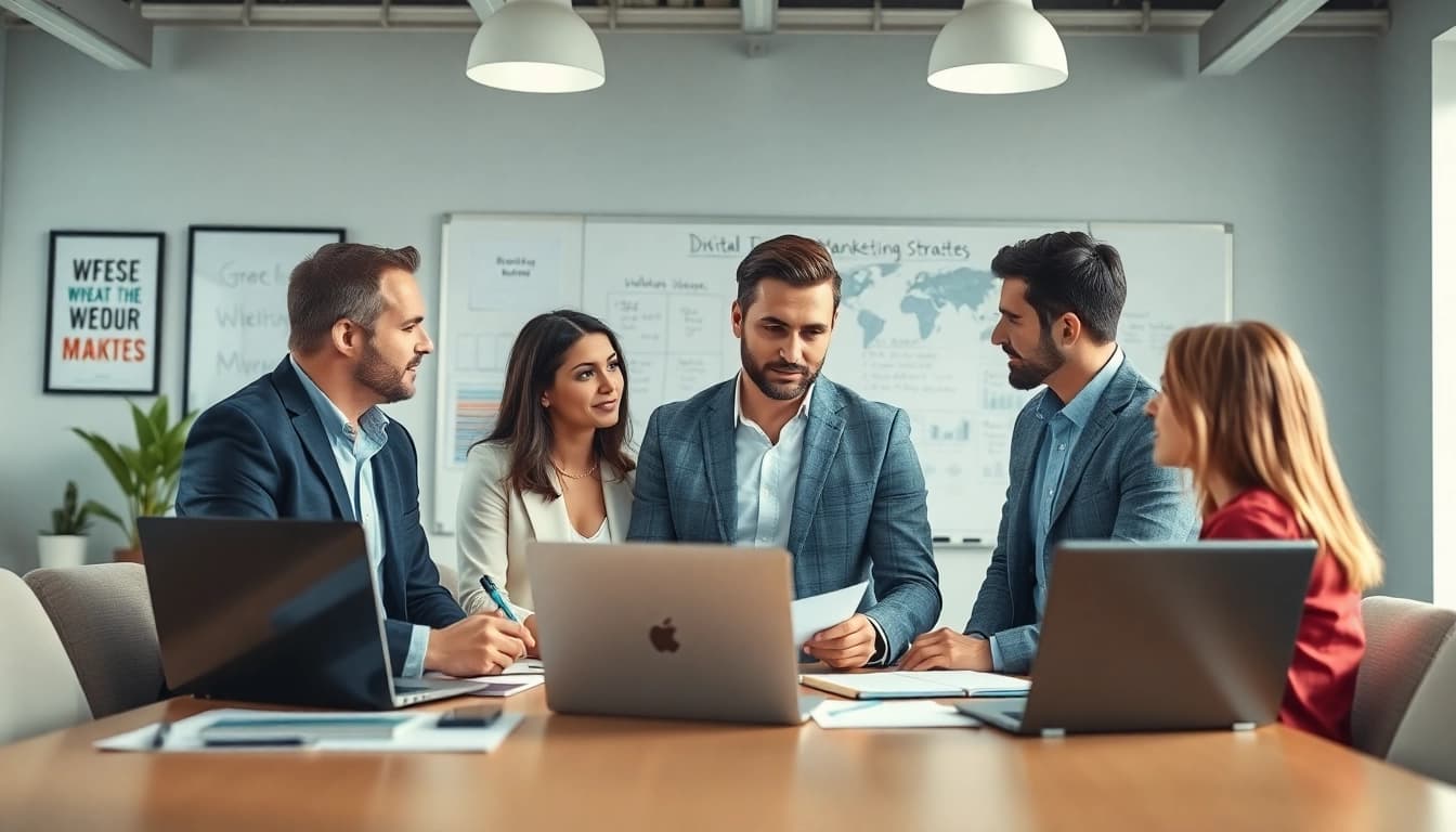 Marketing director strategizing with team members in a modern office.
