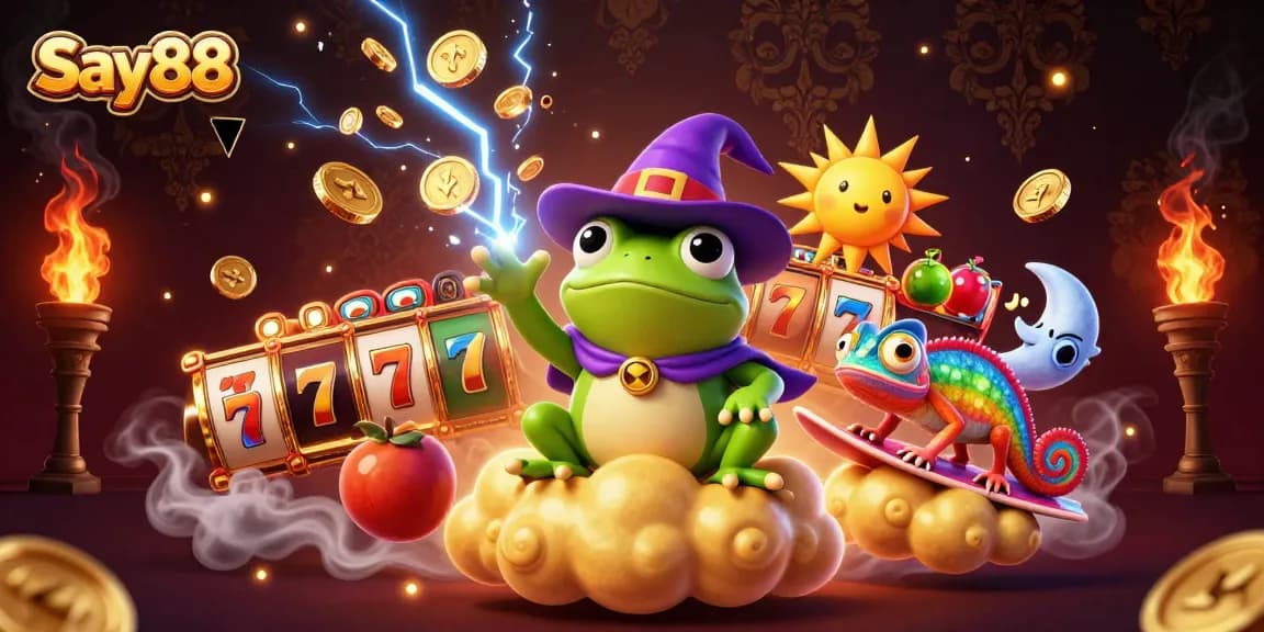 Shoot for glory at Say88 with a vibrant 3D scene showcasing a wizard frog and chameleon amid golden coins.