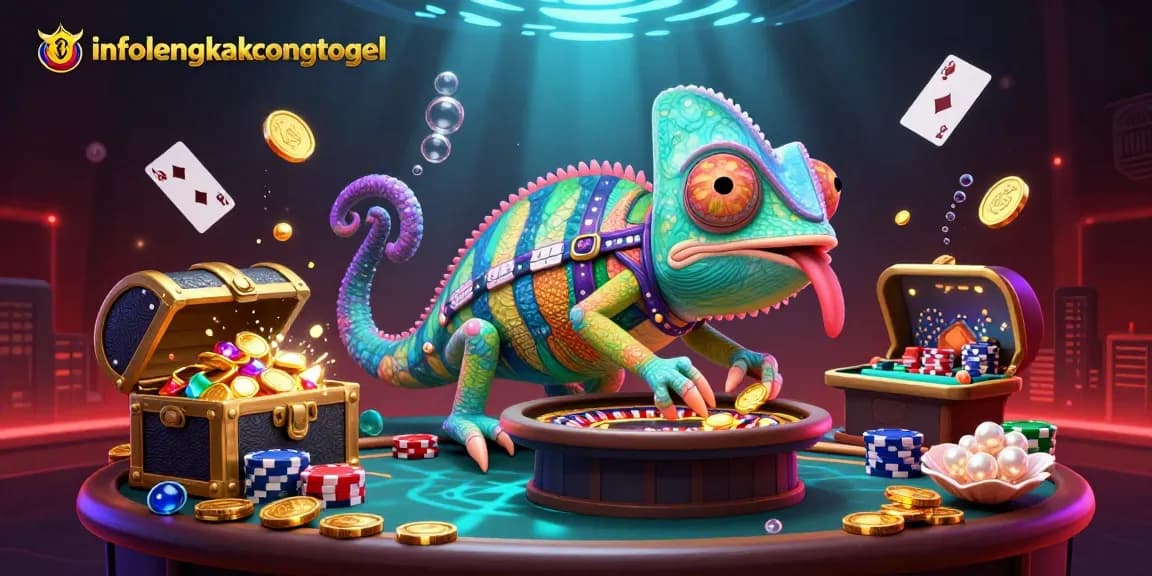 Engage in the excitement of infolengkapcongtogel, featuring a vibrant chameleon casino owner capturing golden coins.