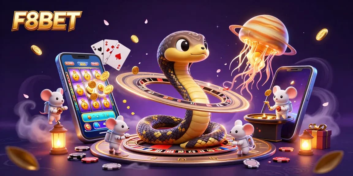 F8BET engaging users with a cosmic-themed casino adventure featuring vibrant 3D characters and games.