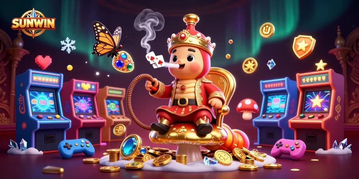 SUNWIN casino world illustrated with a caterpillar hookah-master, poker symbols, and arcade machines