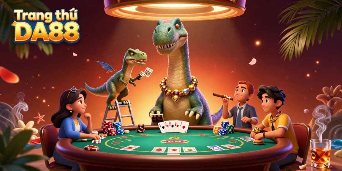 Engage with Trang chủ DA88 in a vibrant poker scene featuring giant characters and dynamic game elements.