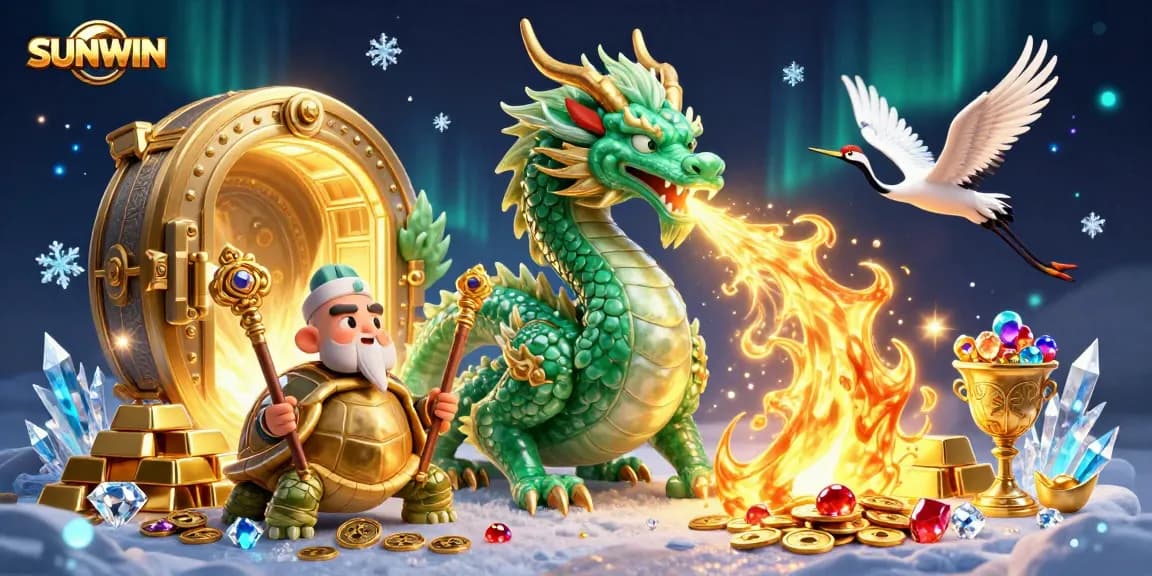 SUNWIN brings luck with a majestic emerald dragon and wise turtle sage, surrounded by treasures of fortune.