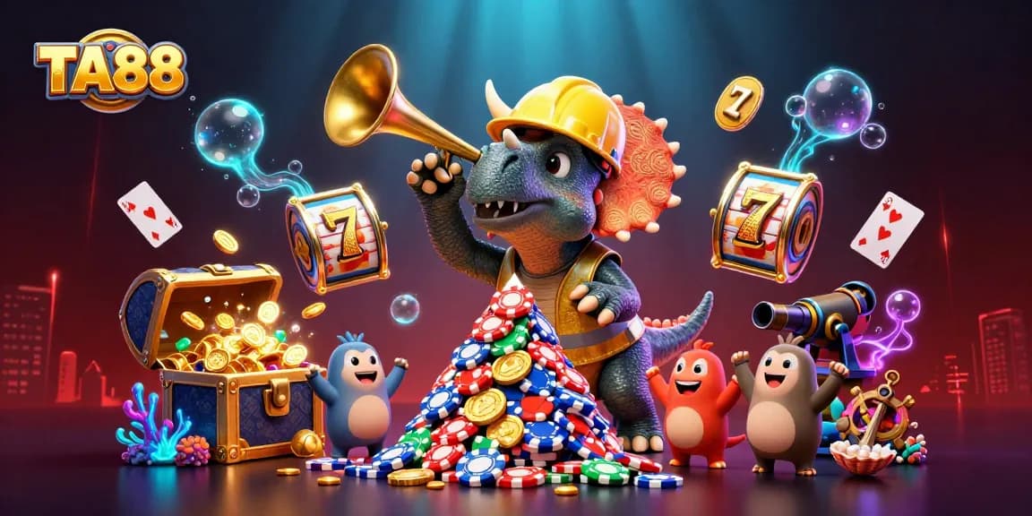 TA88 showcases an exciting casino scene with triceratops and vibrant slot elements.