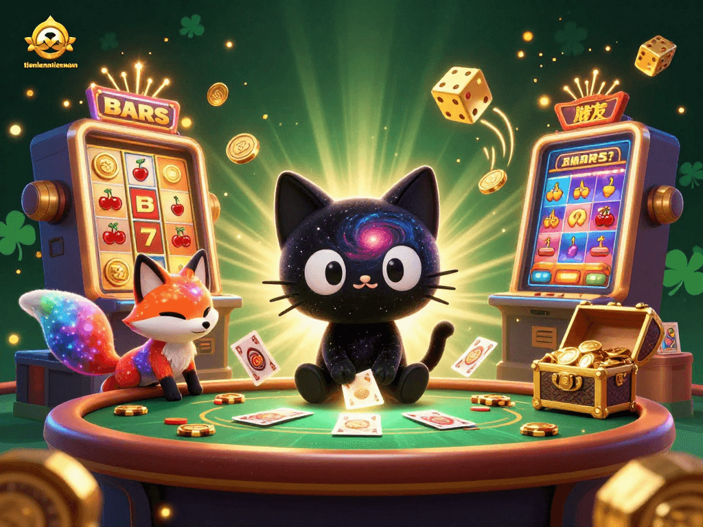 Experience thrilling gameplay with tienlenmiennam's cosmic casino characters winning big with golden chips.
