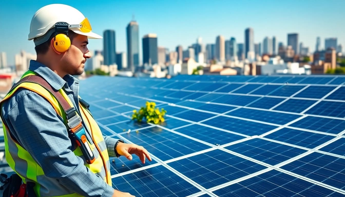 Expert analyzing solar system repair on rooftop panels with city background.