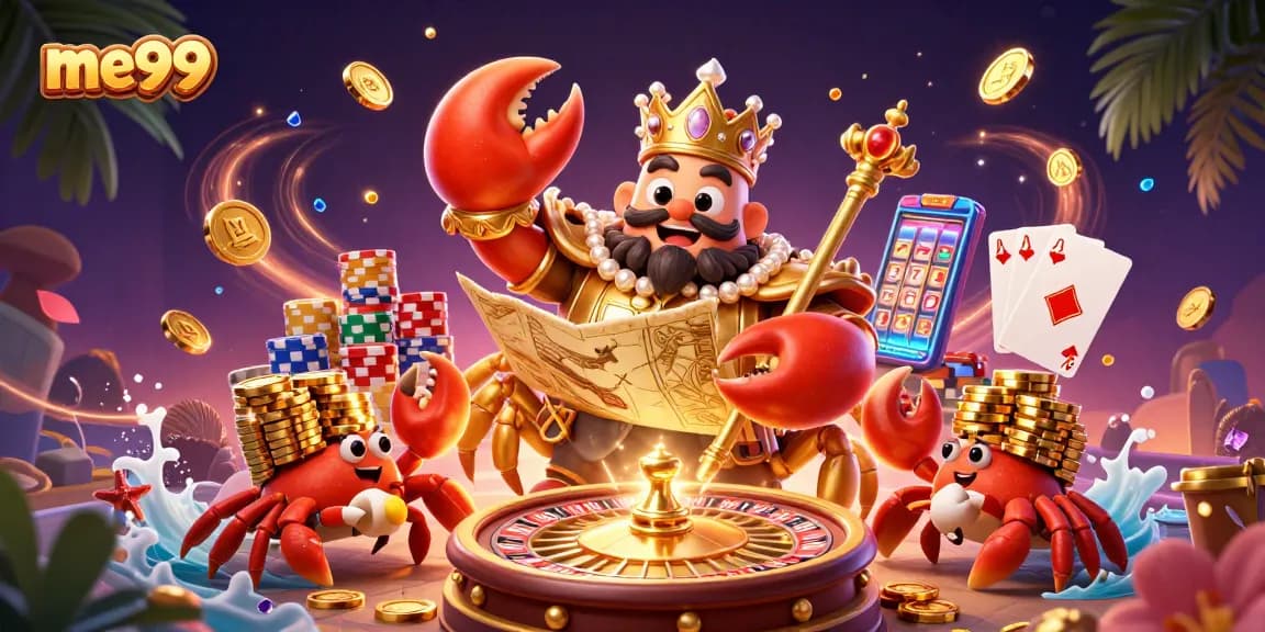 Spin the reels at me99's vibrant online casino with a golden crab emperor, treasure map, and sparkling gems.