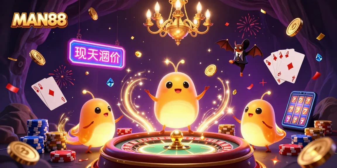 Enjoy exciting games at MAN88 as glowworms illuminate a vibrant casino scene filled with action.