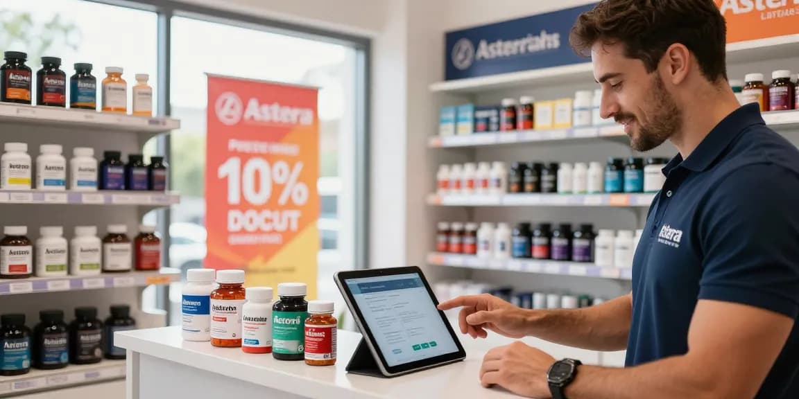 Astera Shop featuring a fitness enthusiast exploring steroid products in a vibrant e-commerce environment.