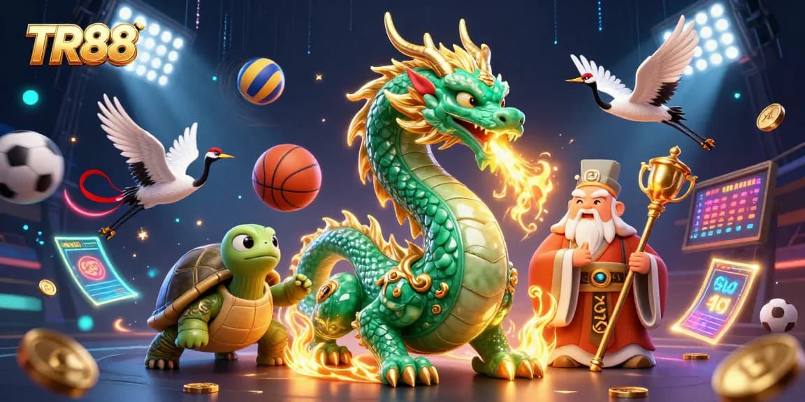 Experience thrilling action at TR88 with a vibrant casino-themed 3D illustration featuring a jade dragon and lucky elements.
