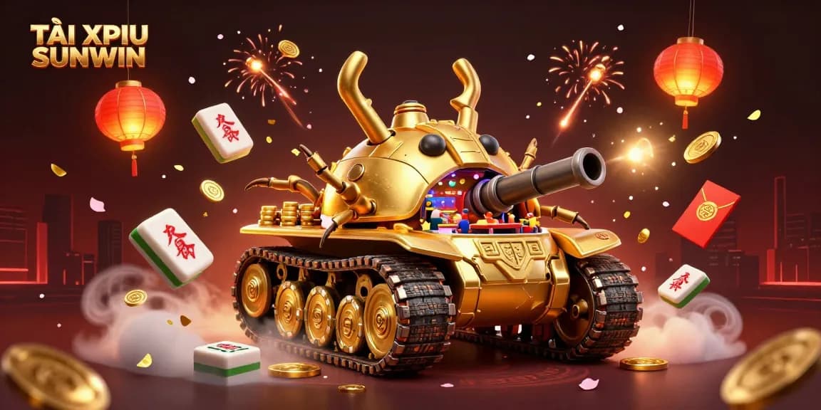 TÀI XỈU SUNWIN showcases a vibrant casino scene within a golden beetle tank, featuring dynamic game elements.