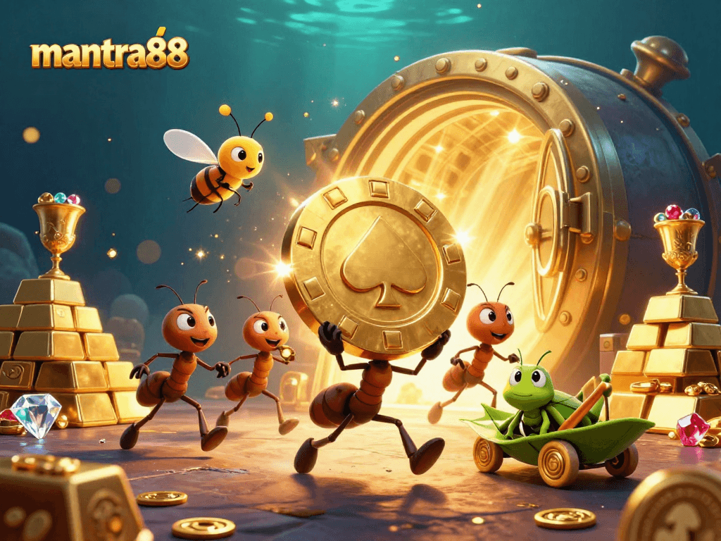 Join the mantra88 heist with cartoon ants carrying a golden poker chip in a vivid casino scene.