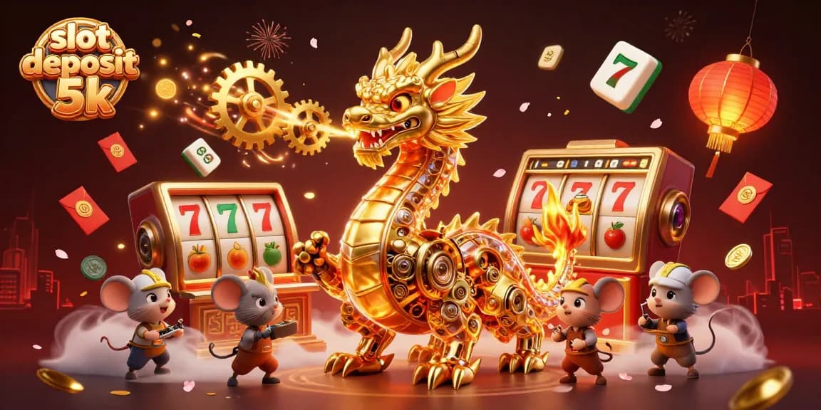 Engage in thrilling slots with a vibrant scene showcasing slot deposit 5k and a biomechanical dragon.