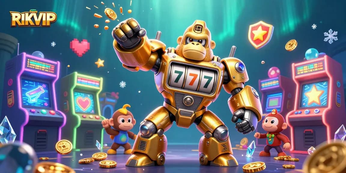 Engage in thrilling slots at RIKVIP with a dynamic 3D transformer gorilla celebrating victories.