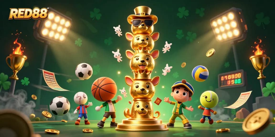 Engage with RED88 as a vibrant 3D cartoon depiction showcasing a golden totem pole and dynamic sports elements.