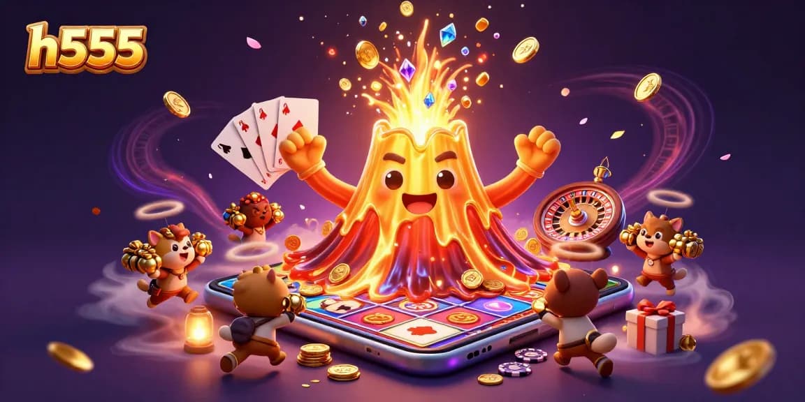 Win big with h555, a dynamic scene featuring cartoon volcano and treasures amidst exciting gambling elements.