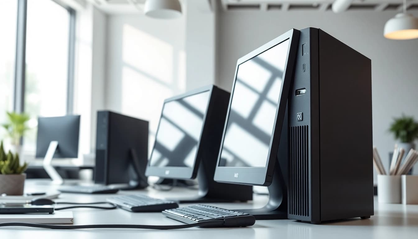 PC ανακαινισμένο με μοντέρνο σχεδιασμό και αρμονικό γραφείο.