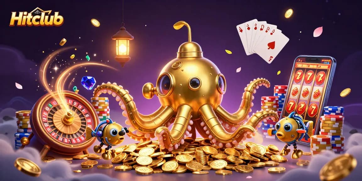 Hitclub's golden kraken submarine navigating through casino treasures with vibrant game elements.